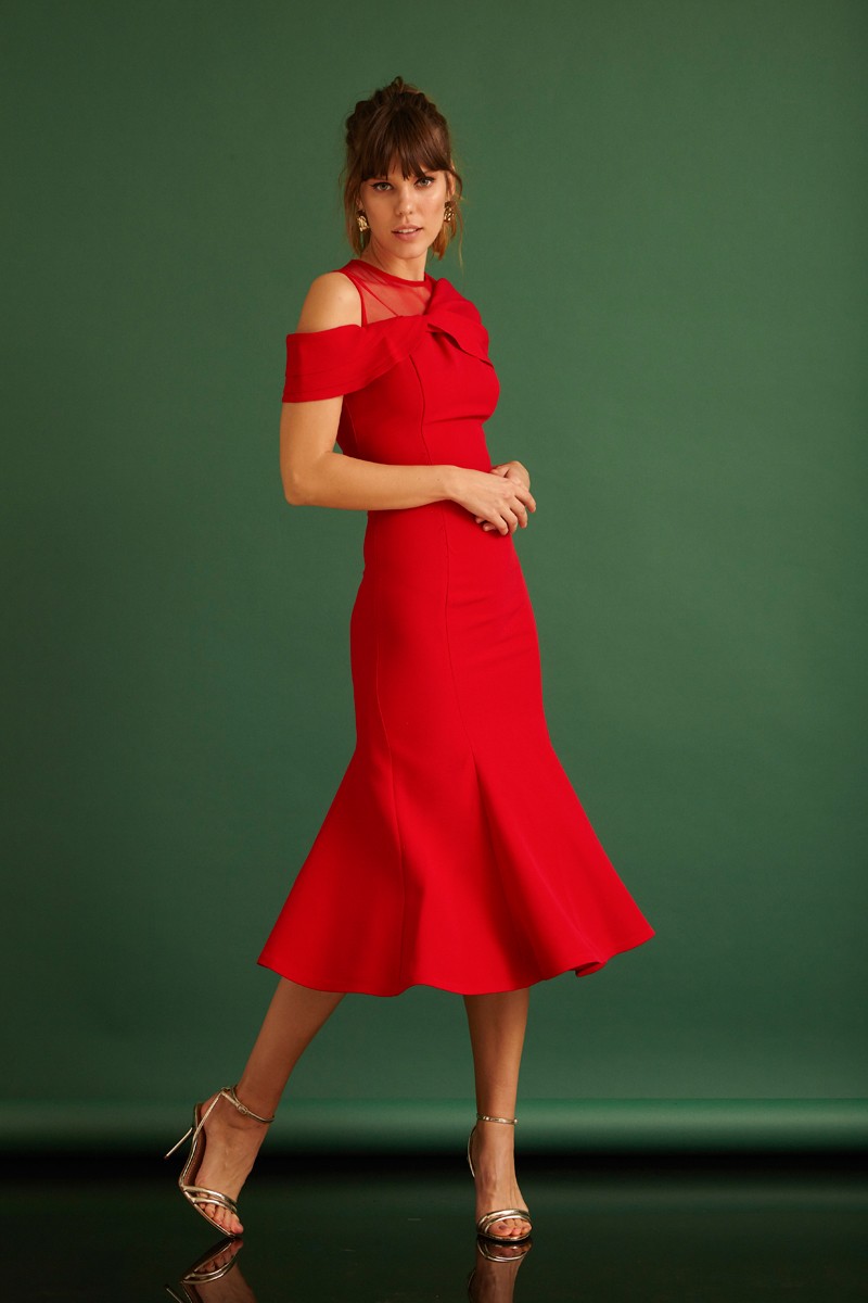 Red Crepe Short Sleeve Mini Dress