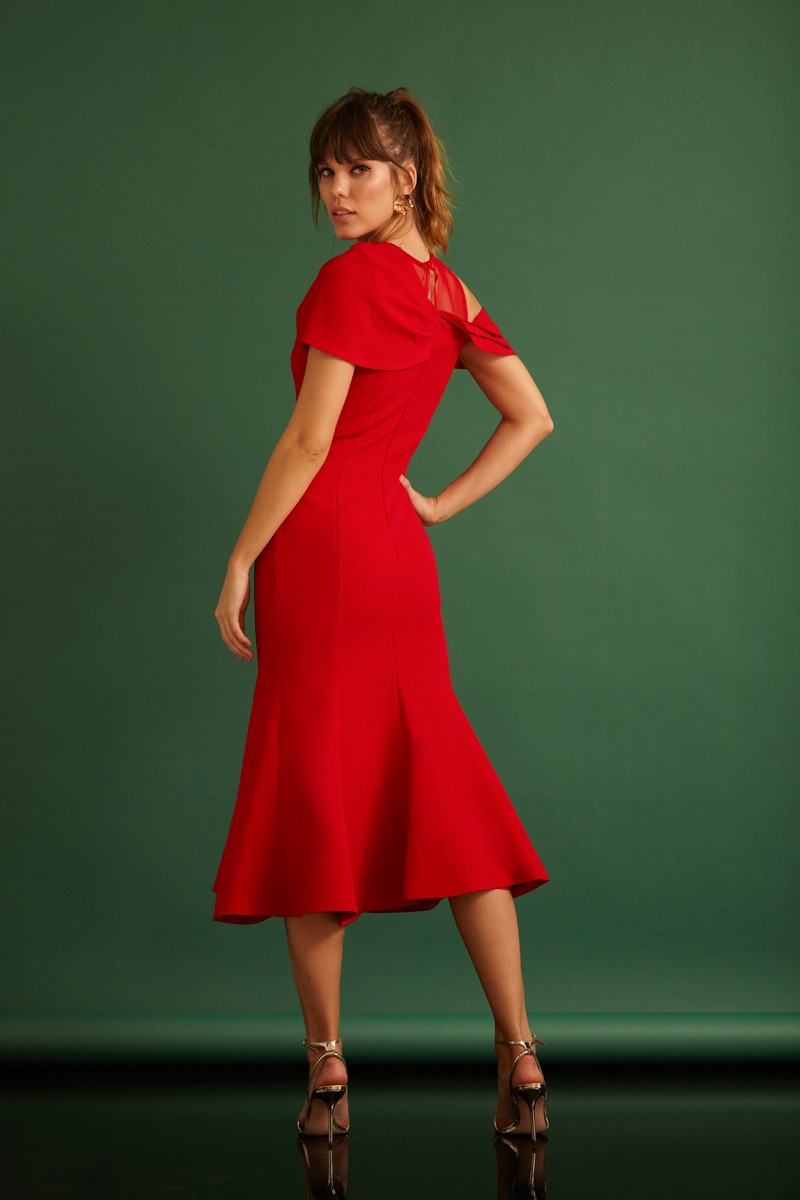 Red Crepe Short Sleeve Mini Dress