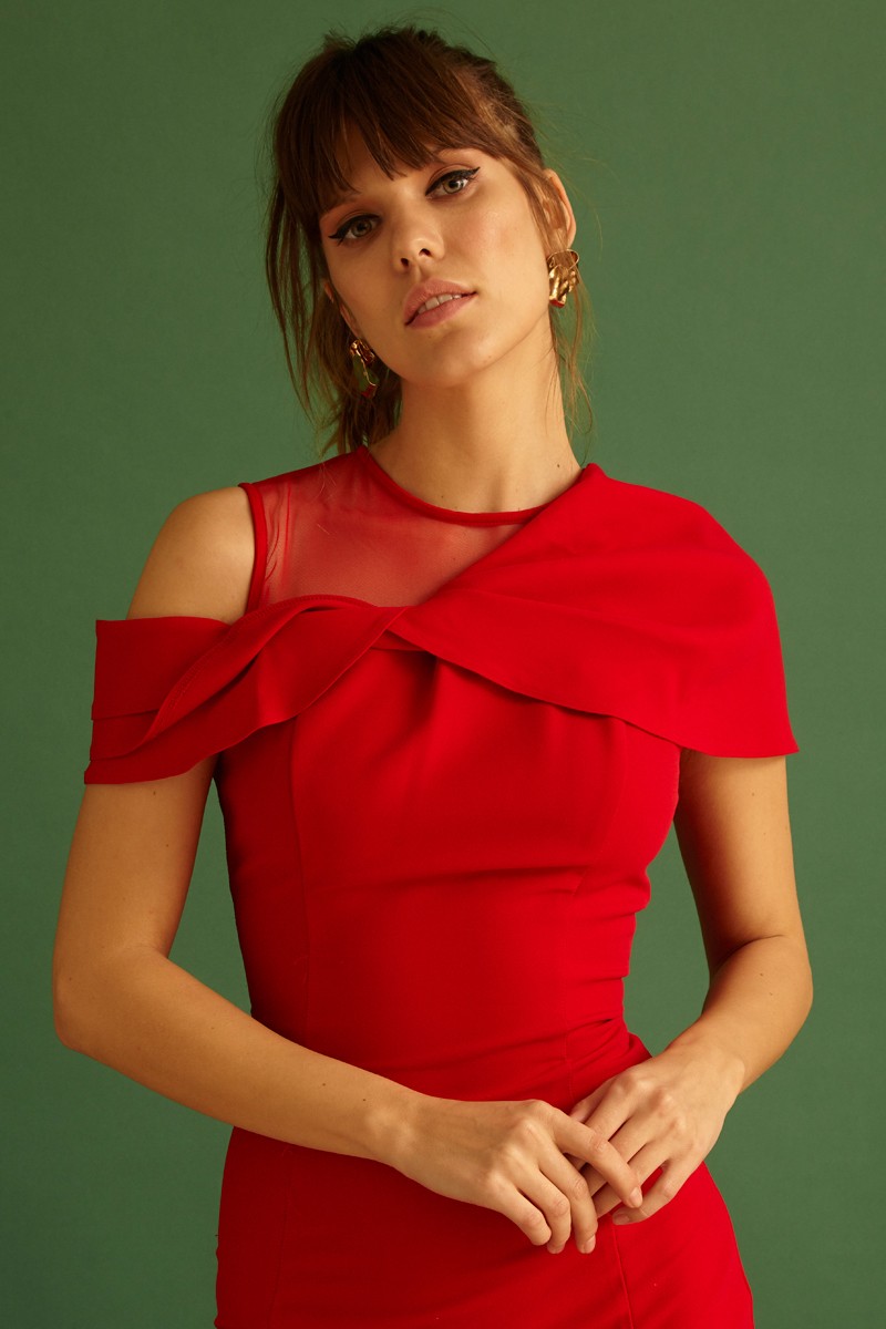 Red Crepe Short Sleeve Mini Dress