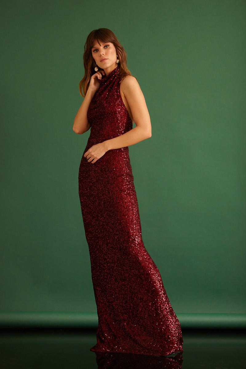 Plum Sequined Maxi Sleeveless Dress