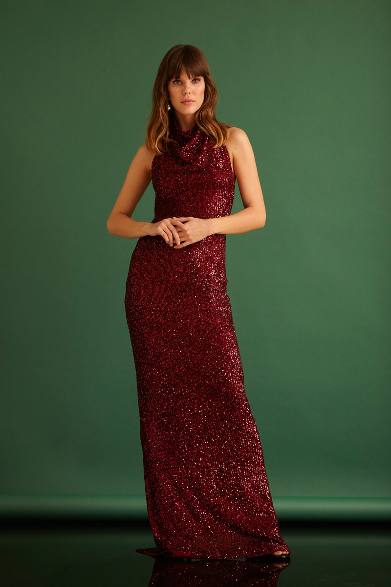 Plum Sequined Maxi Sleeveless Dress