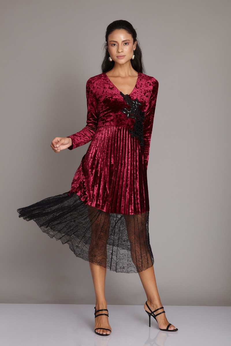 Claret Red Velvet Long Sleeve Midi Dress