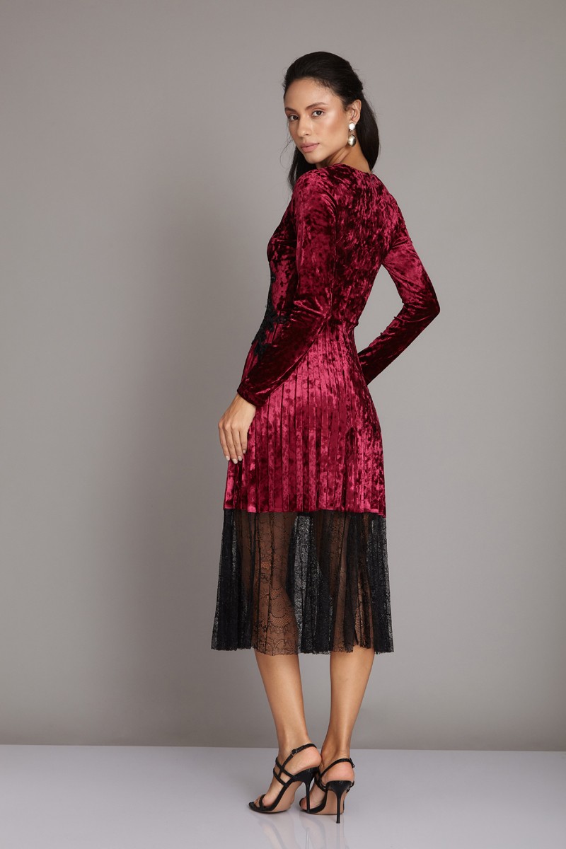 Claret Red Velvet Long Sleeve Midi Dress