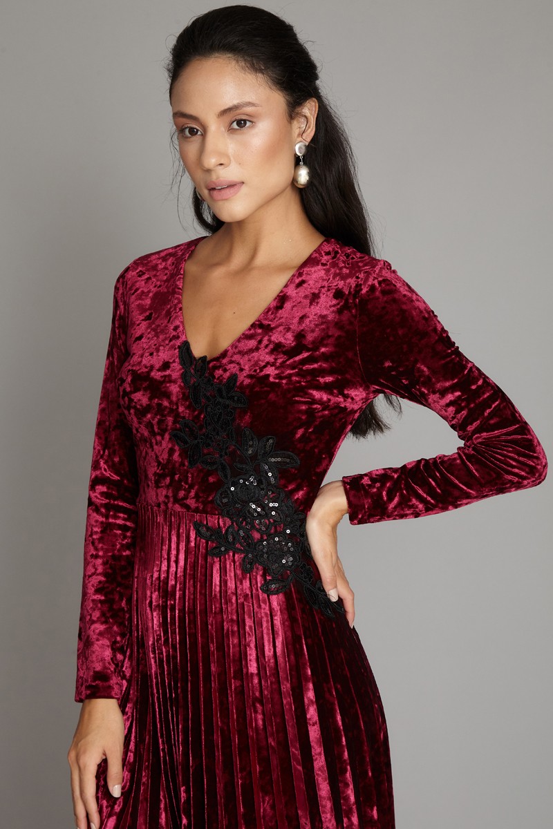 Claret Red Velvet Long Sleeve Midi Dress