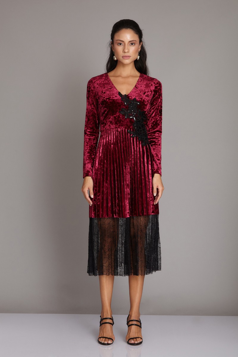 Claret Red Velvet Long Sleeve Midi Dress
