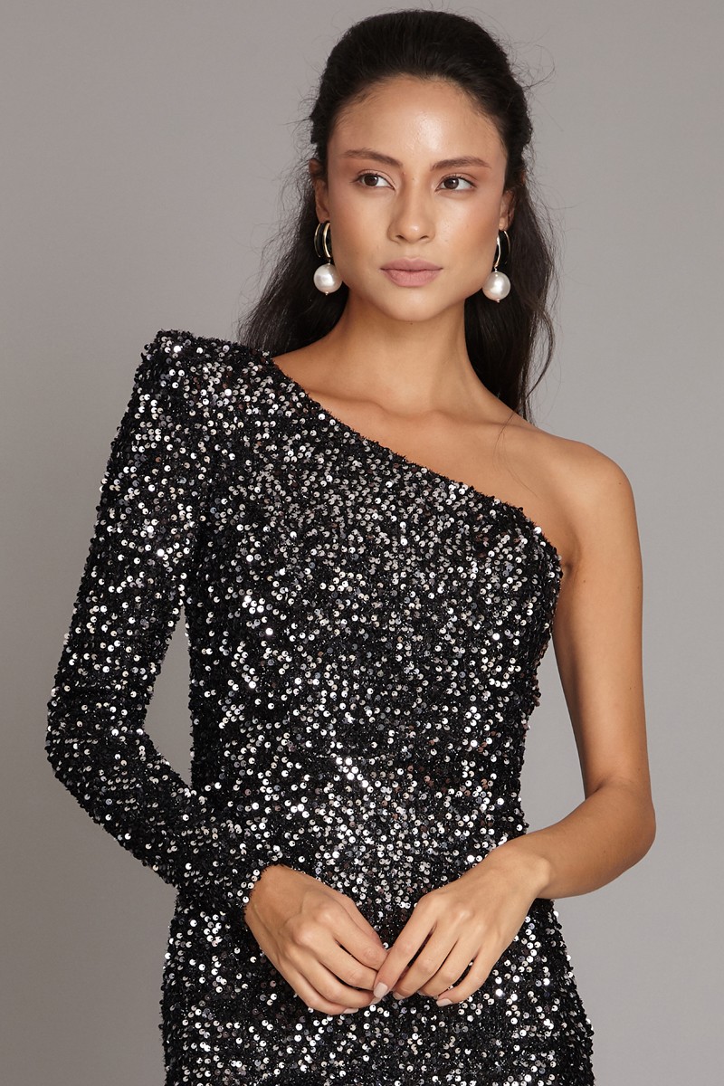 Silver Sequin Long Sleeve Midi Dress