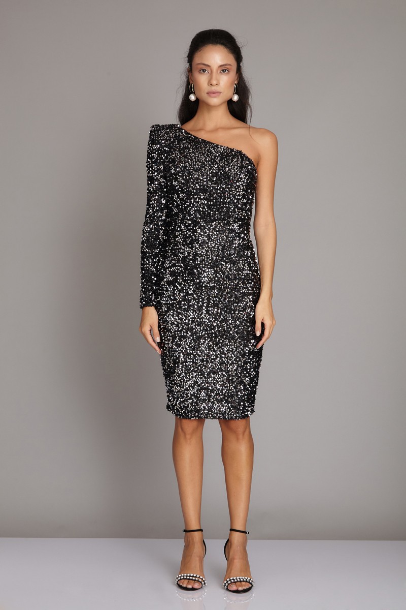 Silver Sequin Long Sleeve Midi Dress