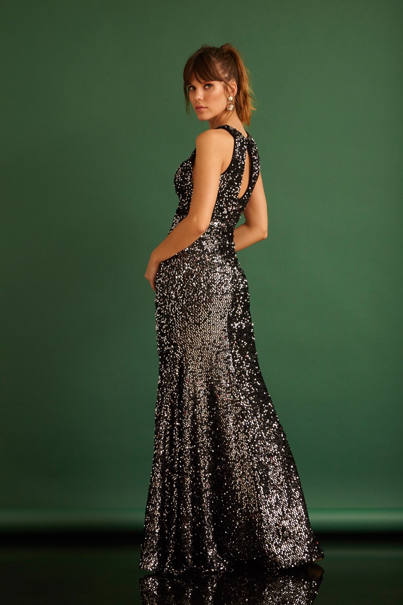 Silver Sequined Sleeveless Maxi Dress