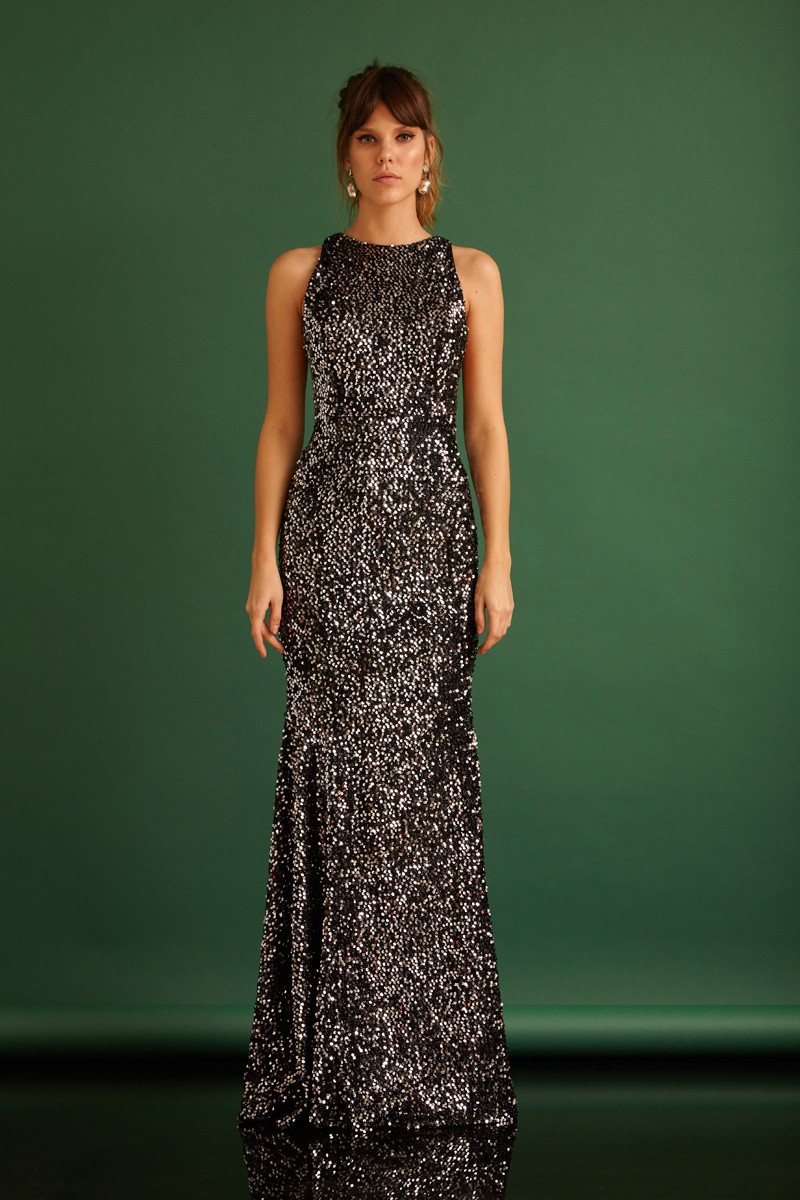 Silver Sequined Sleeveless Maxi Dress