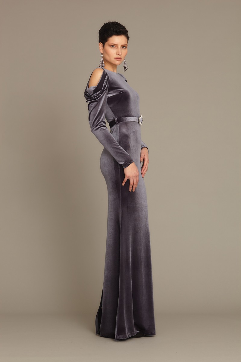 Grey Velvet Long Sleeve Maxi Dress