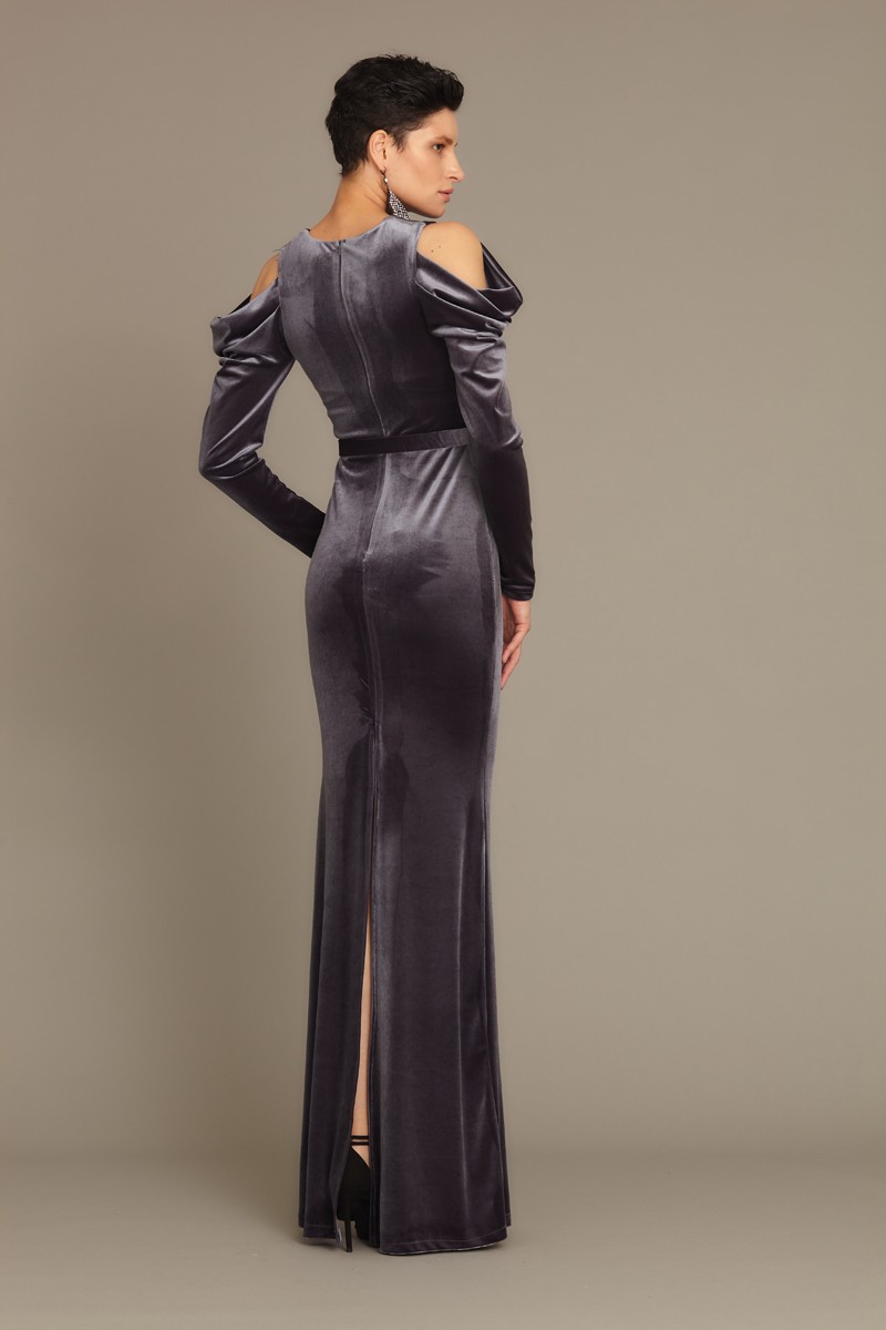 Grey Velvet Long Sleeve Maxi Dress