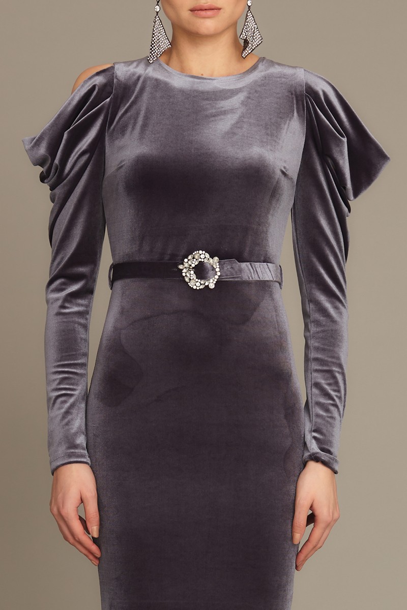 Grey Velvet Long Sleeve Maxi Dress