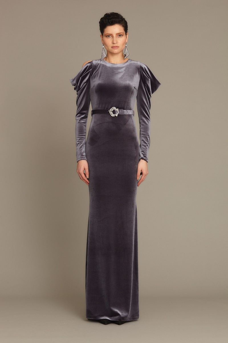 Grey Velvet Long Sleeve Maxi Dress