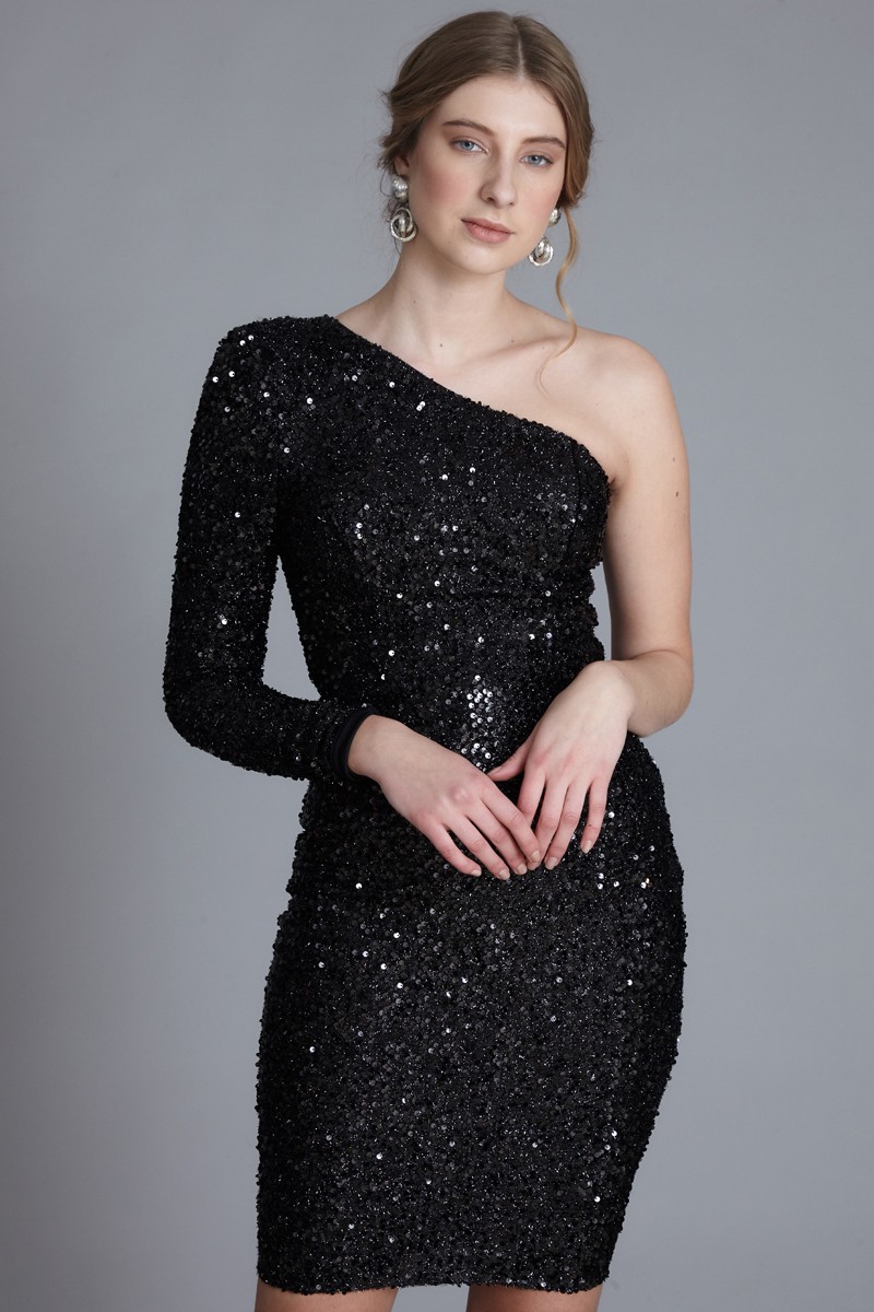 Black Sequin Long Sleeve Midi Dress