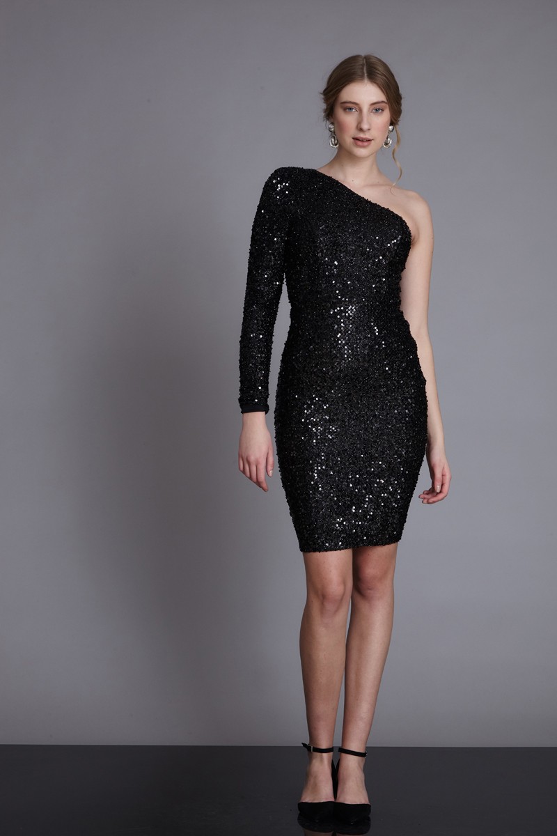 Black Sequin Long Sleeve Midi Dress