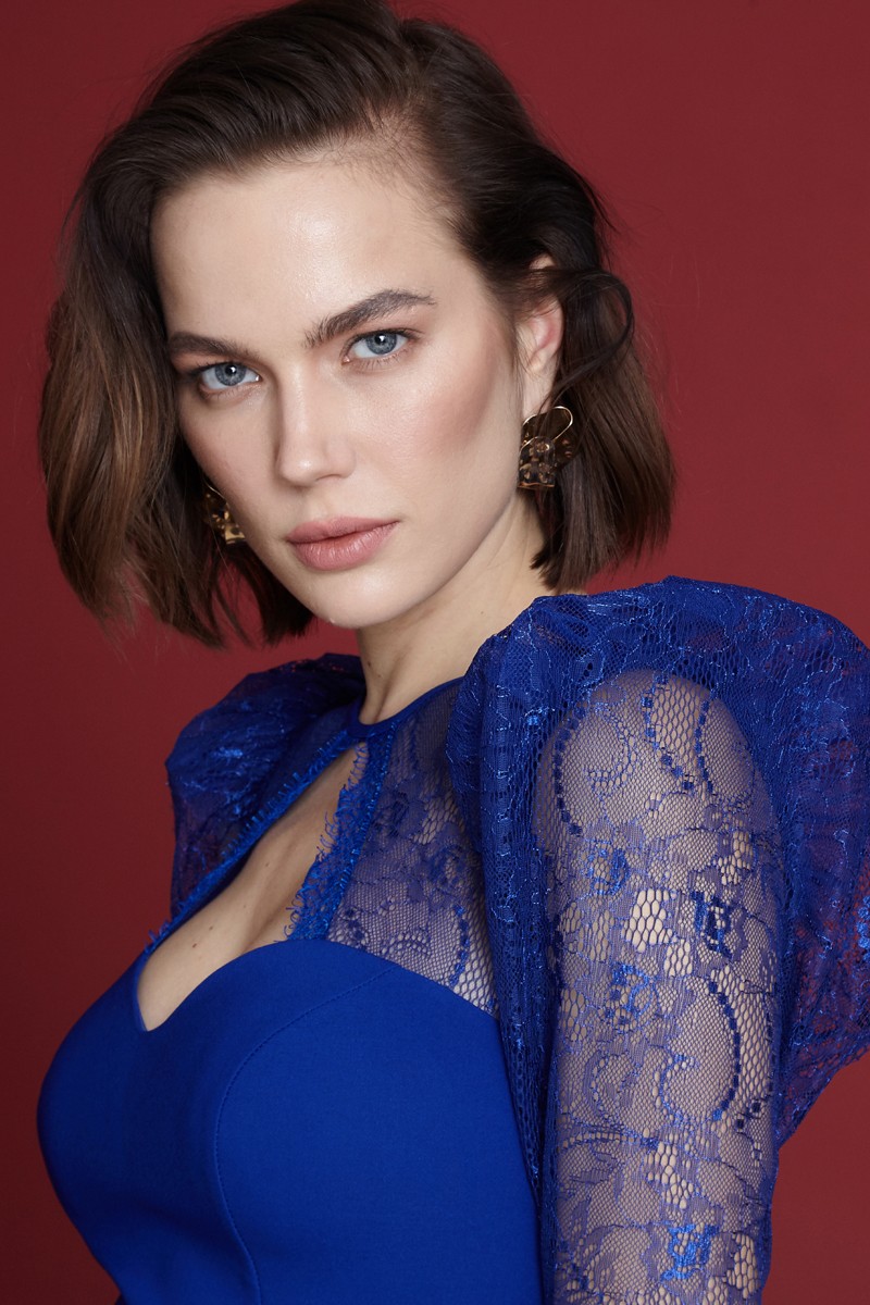 Saxon Blue Crepe Long Sleeve Midi Dress