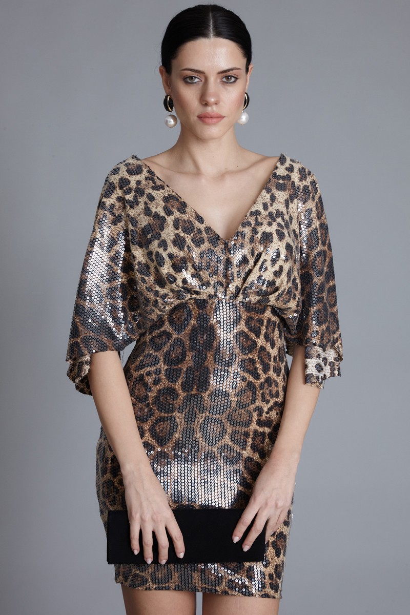Leopard Sequin Short Sleeve Mini Dress
