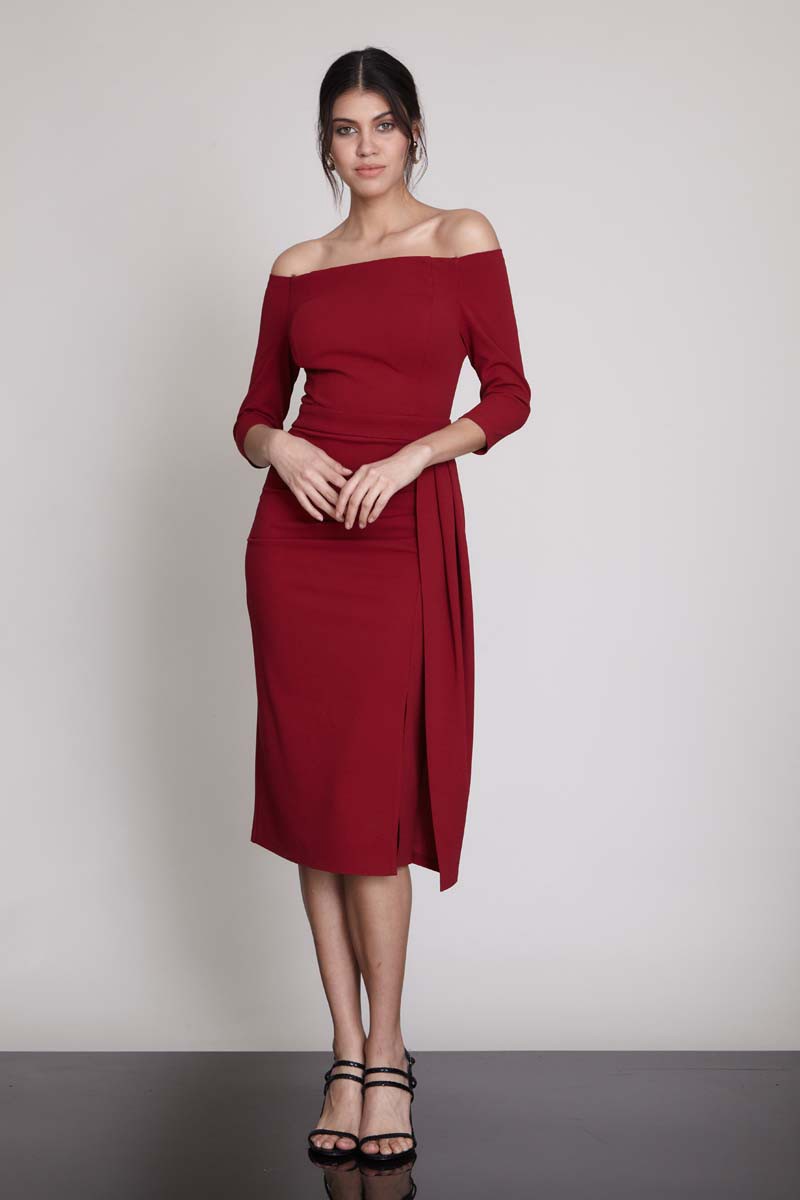Claret Red Crepe Long Sleeve Midi Dress