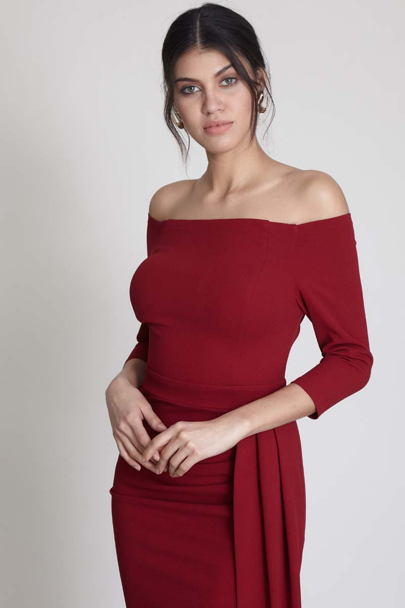 Claret Red Crepe Long Sleeve Midi Dress