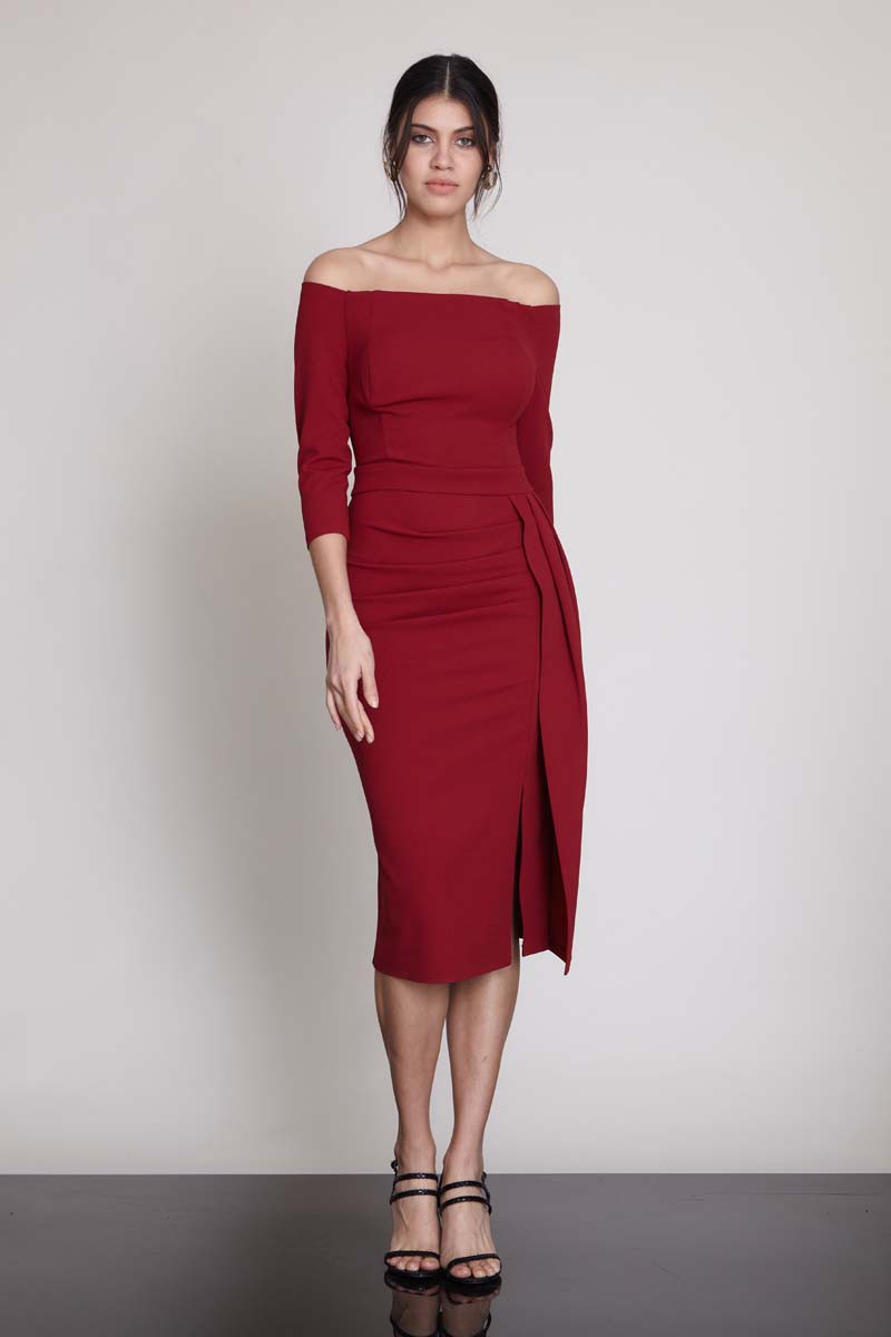 Claret Red Crepe Long Sleeve Midi Dress