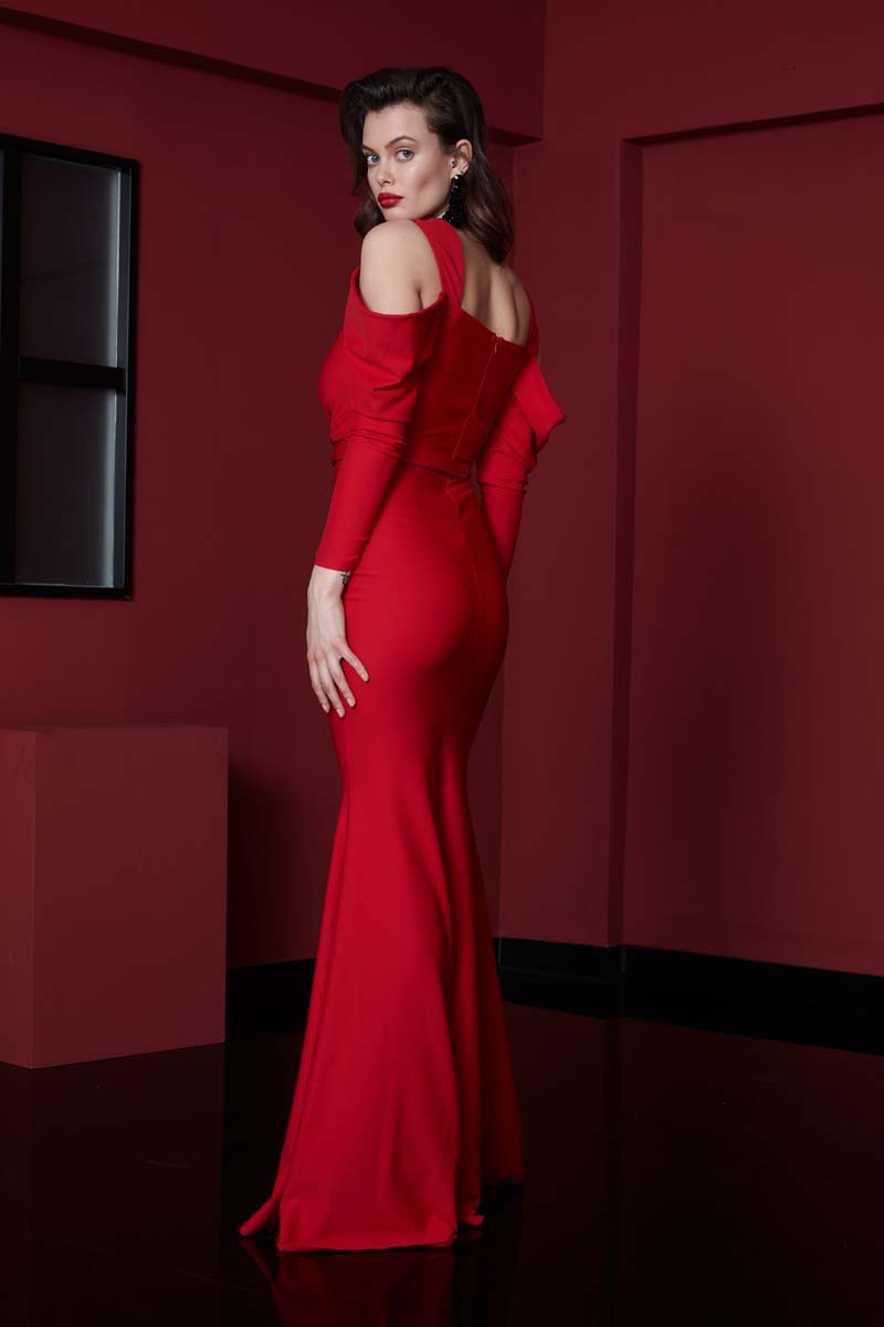 Red Crepe Long Sleeve Maxi Dress