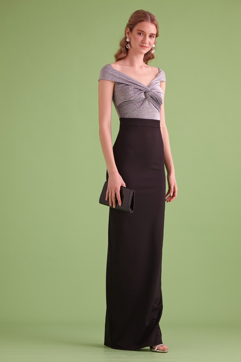 Silver Crepe Short Sleeve Maxi Dress