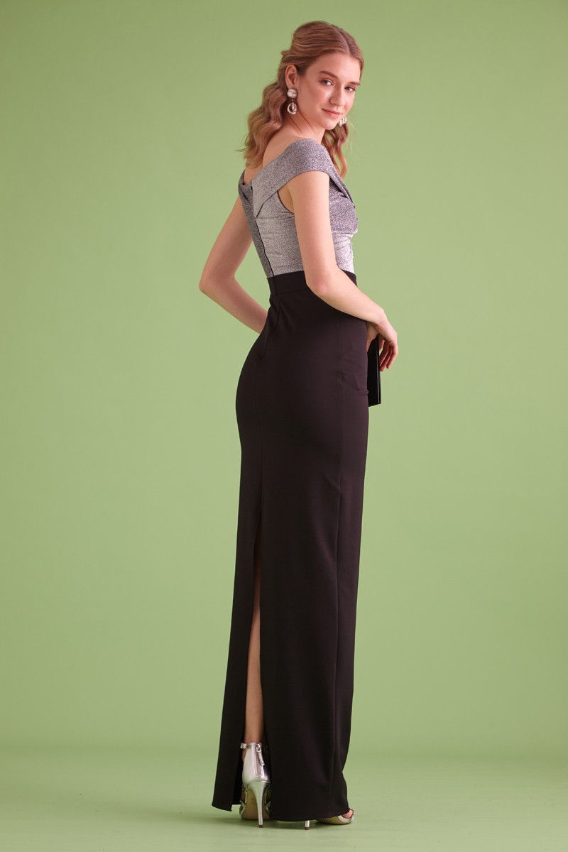 Silver Crepe Short Sleeve Maxi Dress