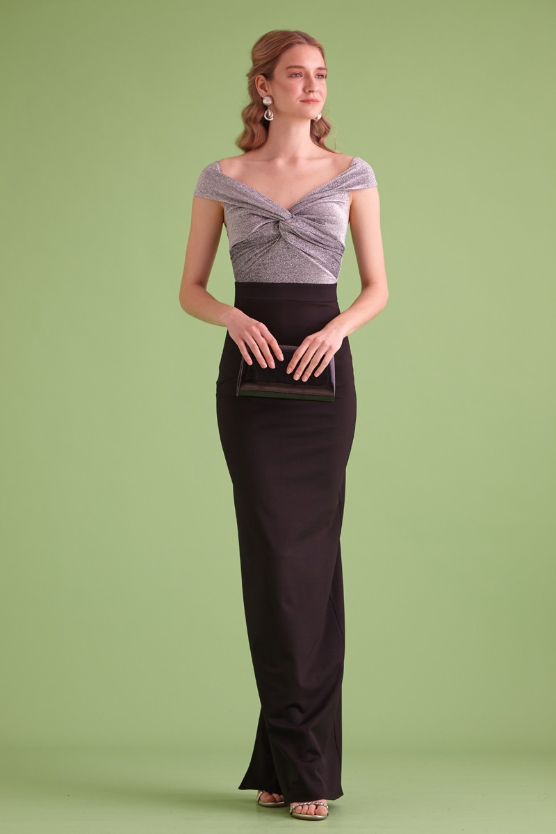 Silver Crepe Short Sleeve Maxi Dress