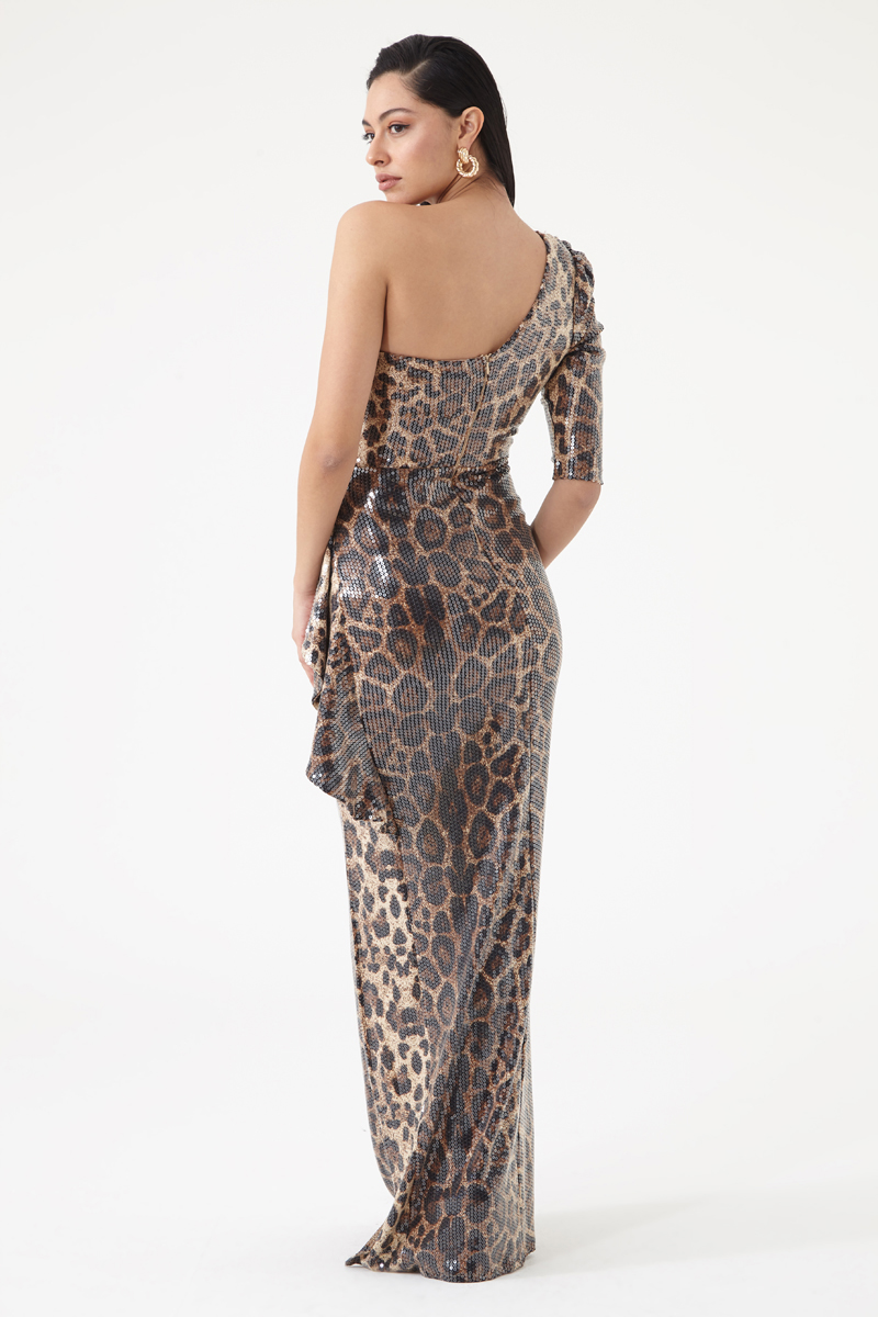 Leopard Sequin One Arm Maxi Dress