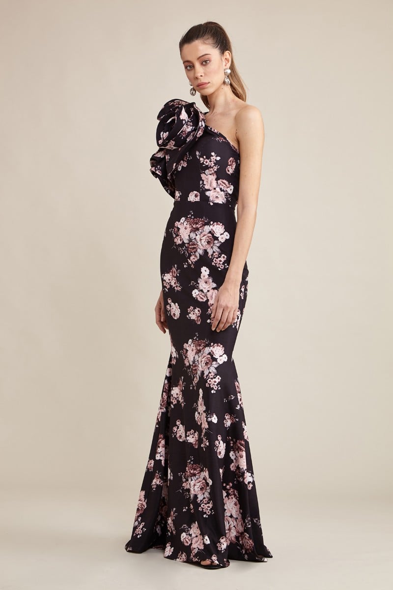 Tan Color Crepe One Arm Maxi Dress