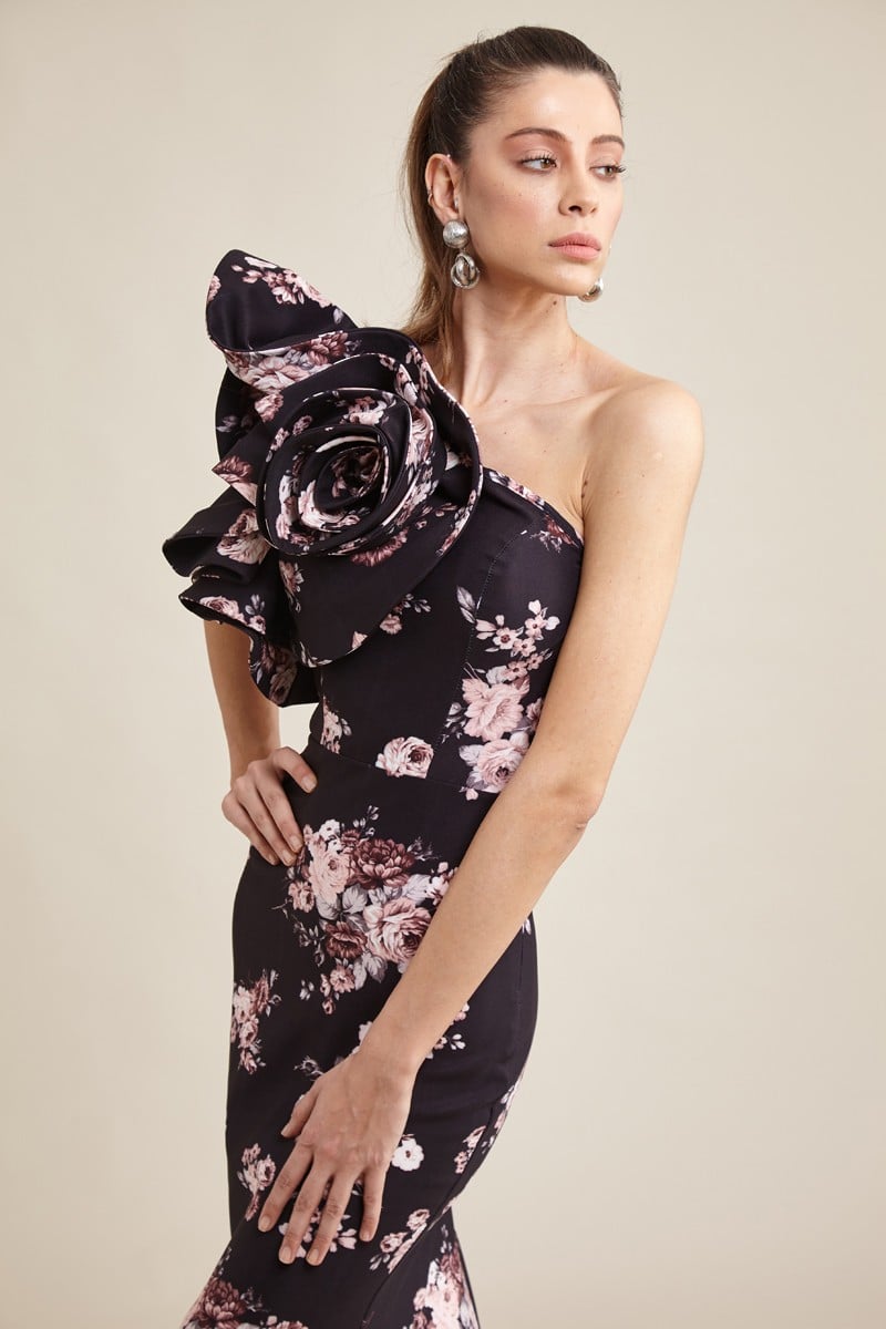 Tan Color Crepe One Arm Maxi Dress
