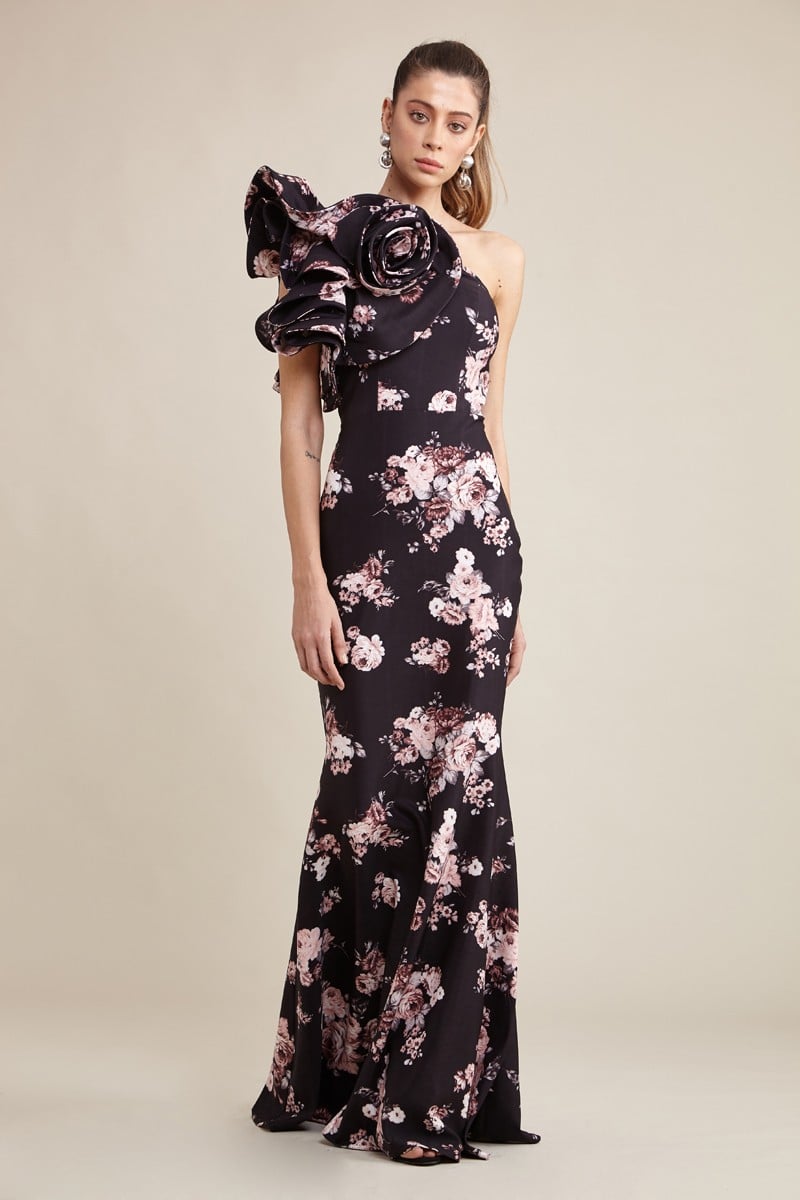 Tan Color Crepe One Arm Maxi Dress