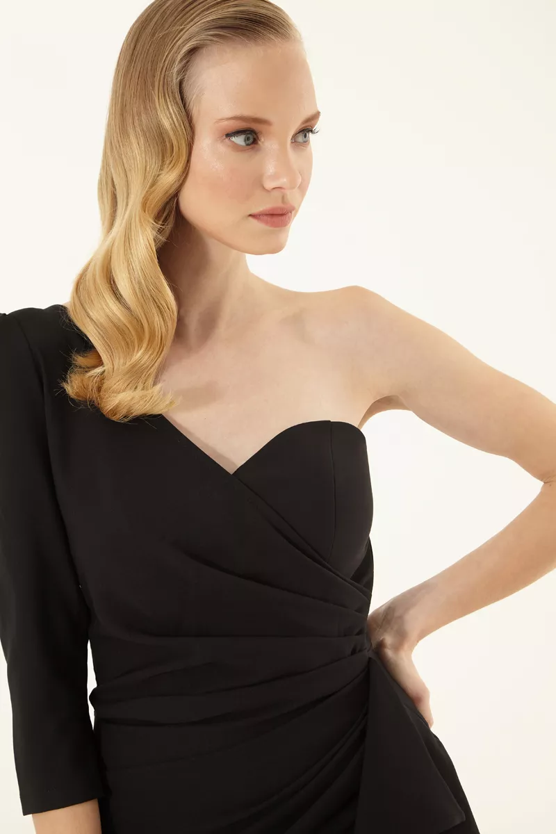 Black Crepe One Arm Mini Dress