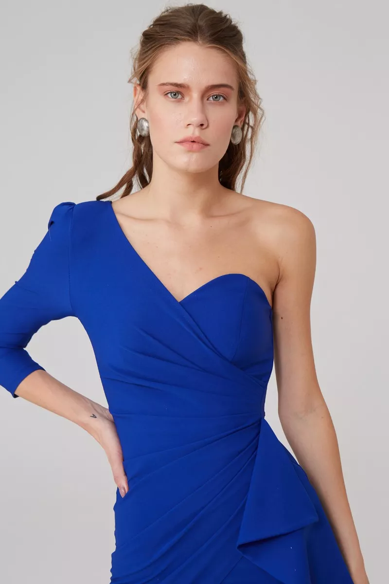 Blue Crepe One Arm Maxi Dress