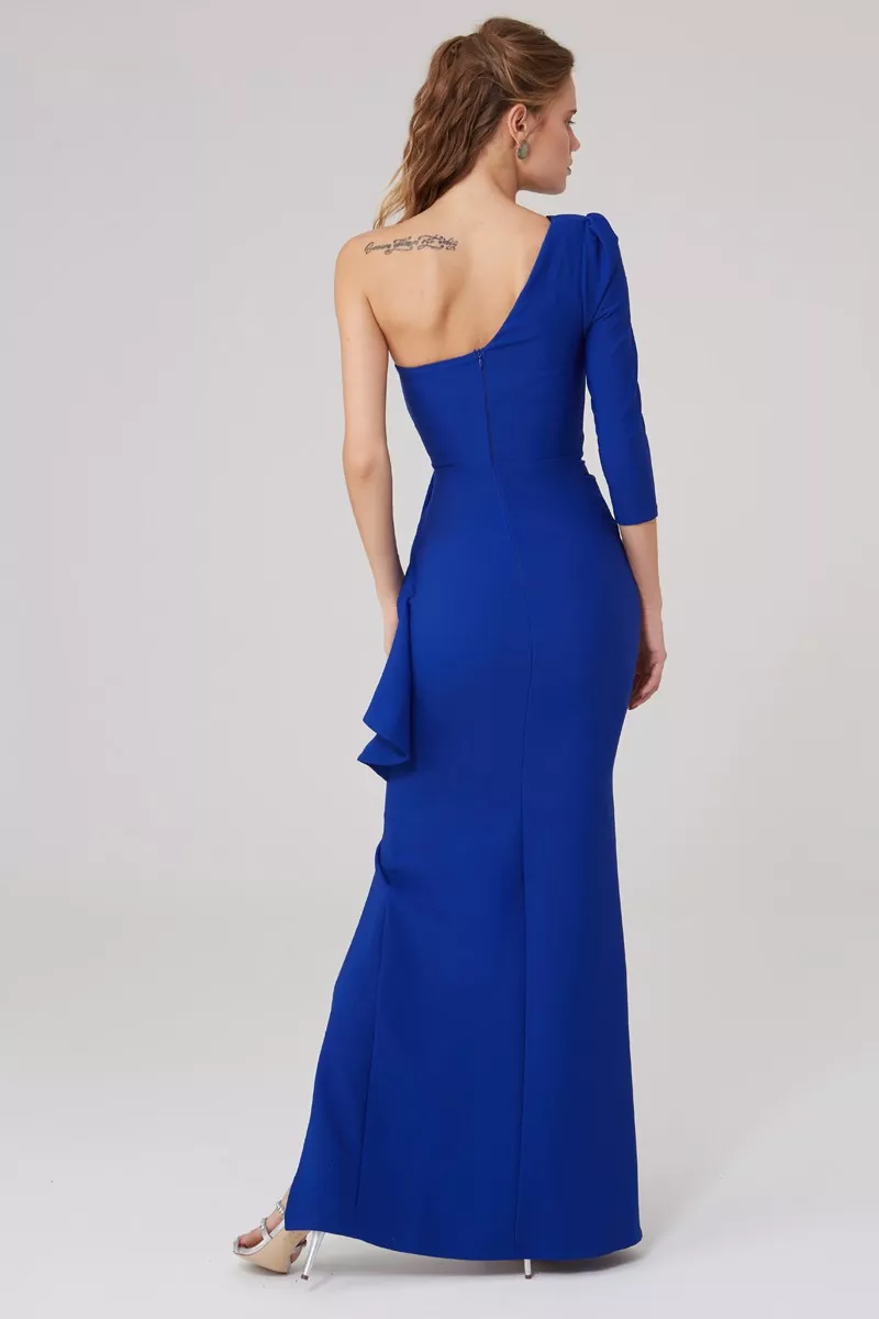 Blue Crepe One Arm Maxi Dress