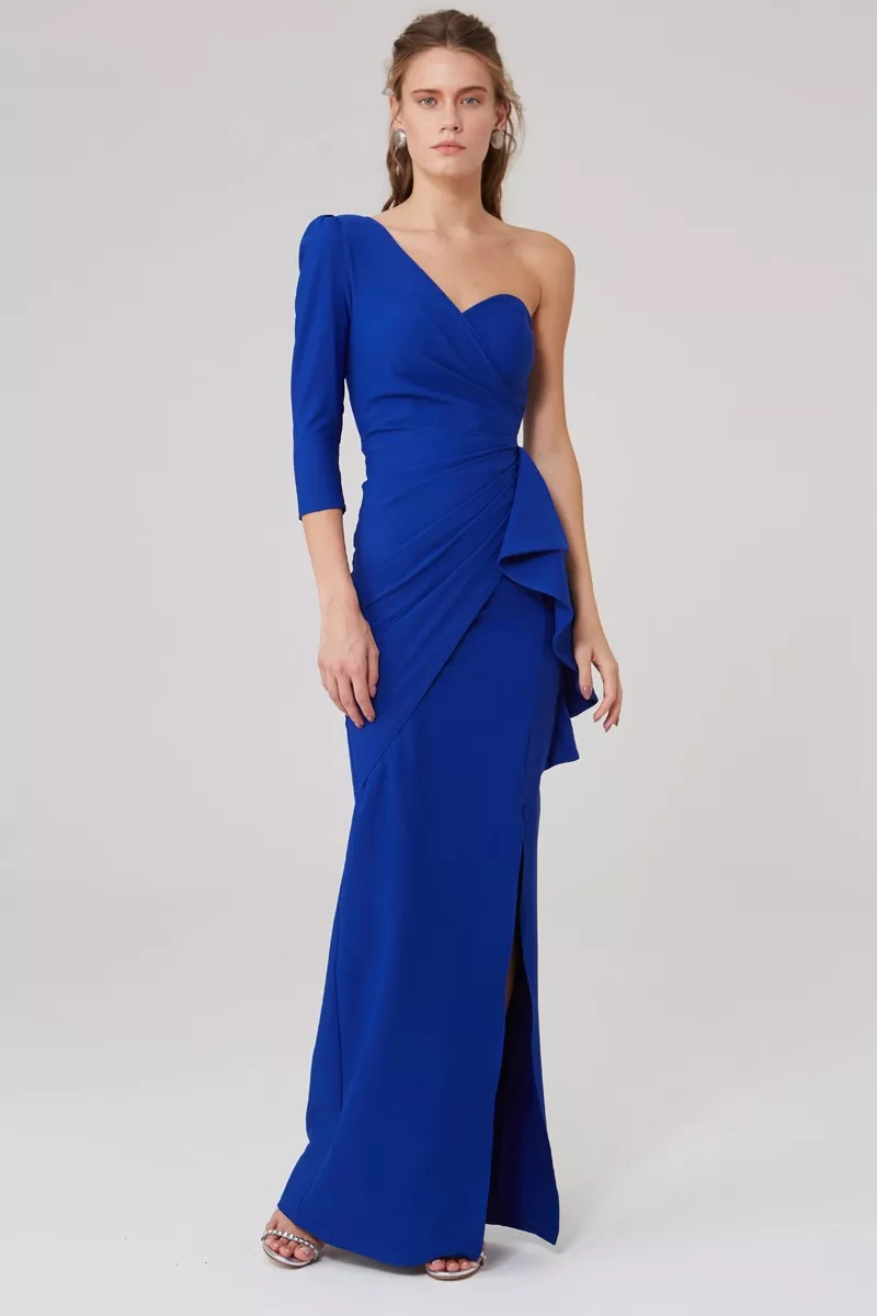 Blue Crepe One Arm Maxi Dress