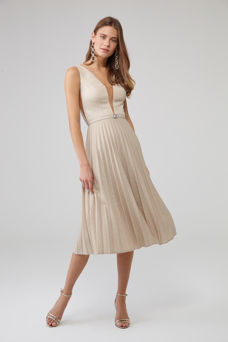 Beige Knitted Sleeveless Midi Dress