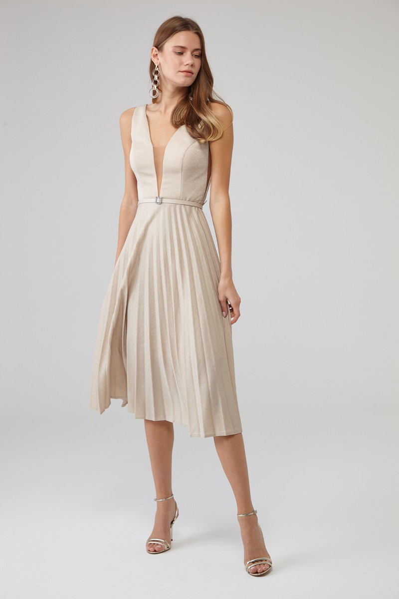 Beige Knitted Sleeveless Midi Dress