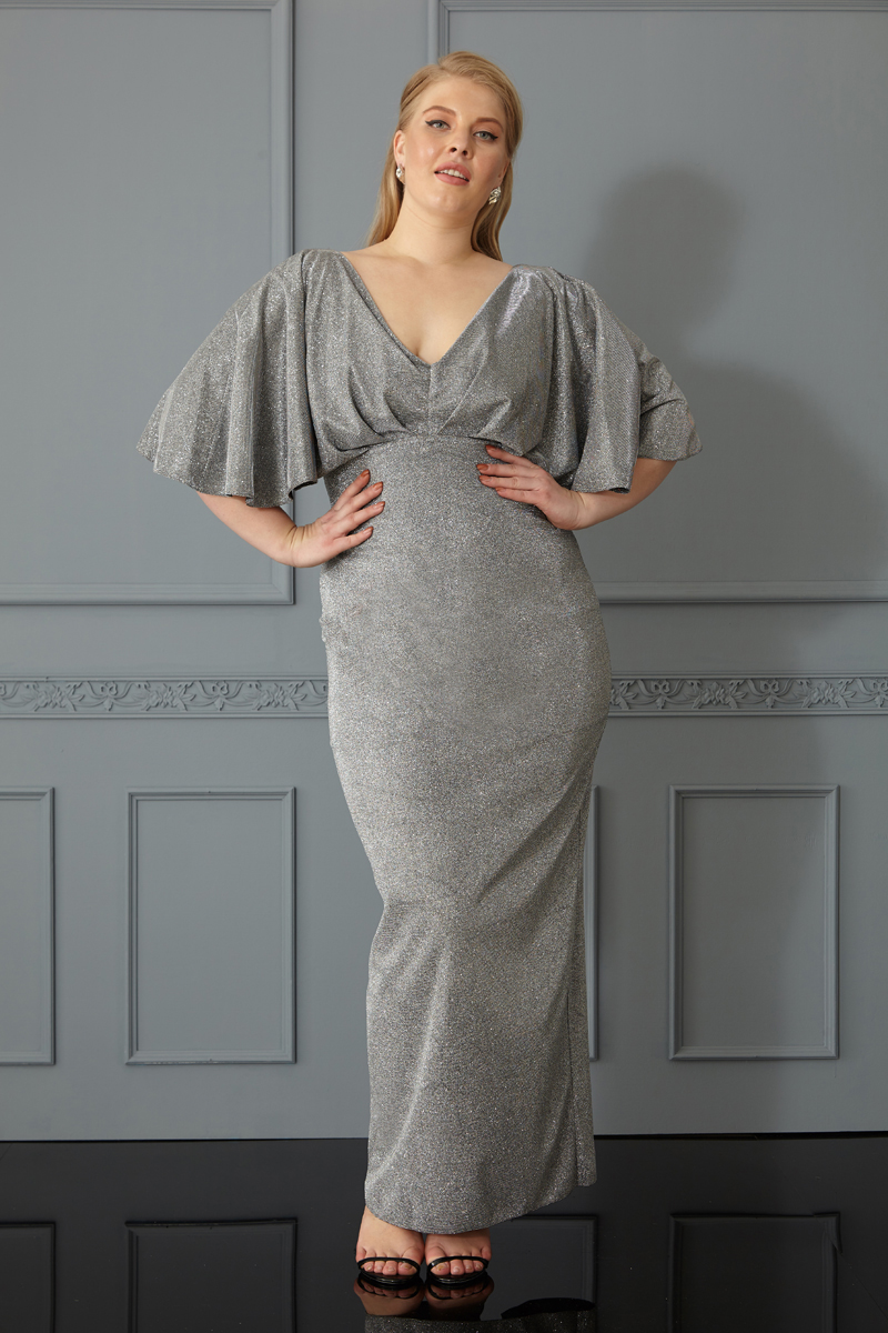 Silver Plus Size Sequined Short Sleeve Maxi Dress