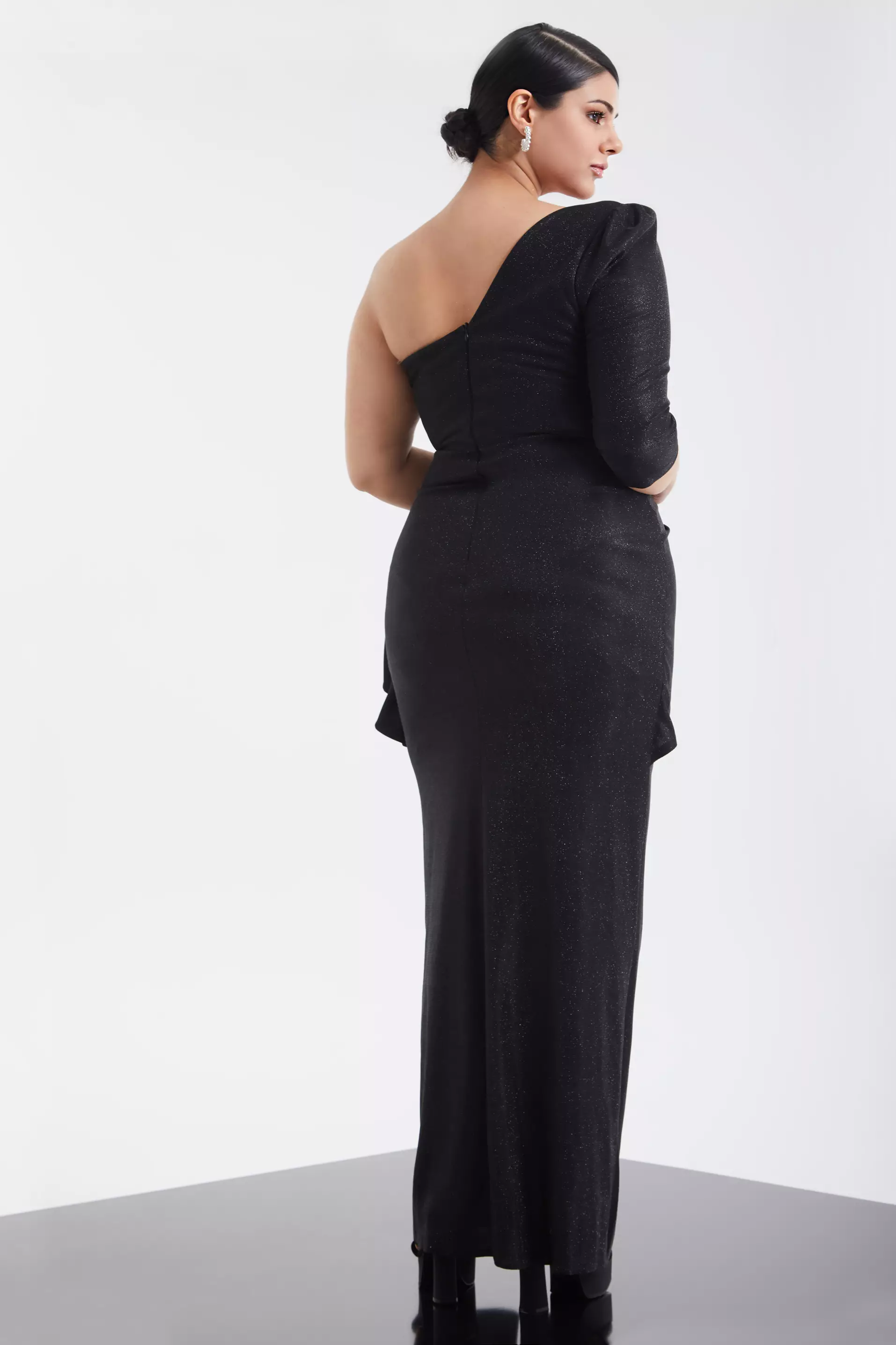 Black Plus Size Glare One Arm Maxi Dress