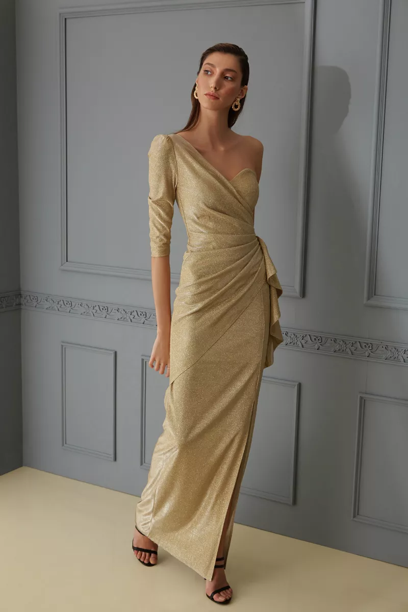 Gold Glare One Arm Maxi Dress