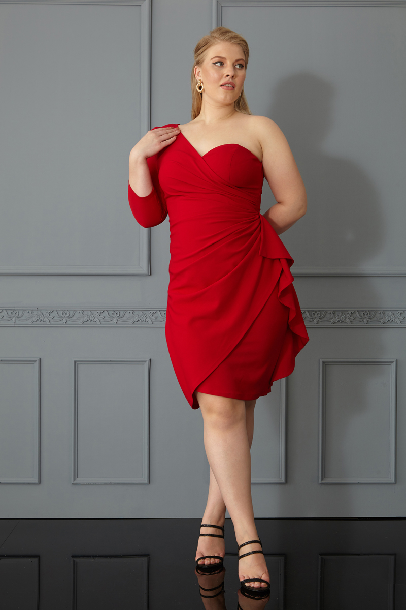 Red Plus Size Crepe One Arm Mini Dress