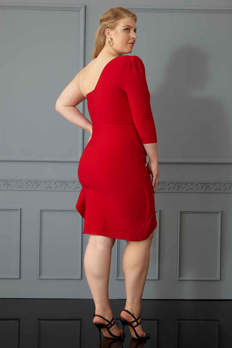 Red Plus Size Crepe One Arm Mini Dress