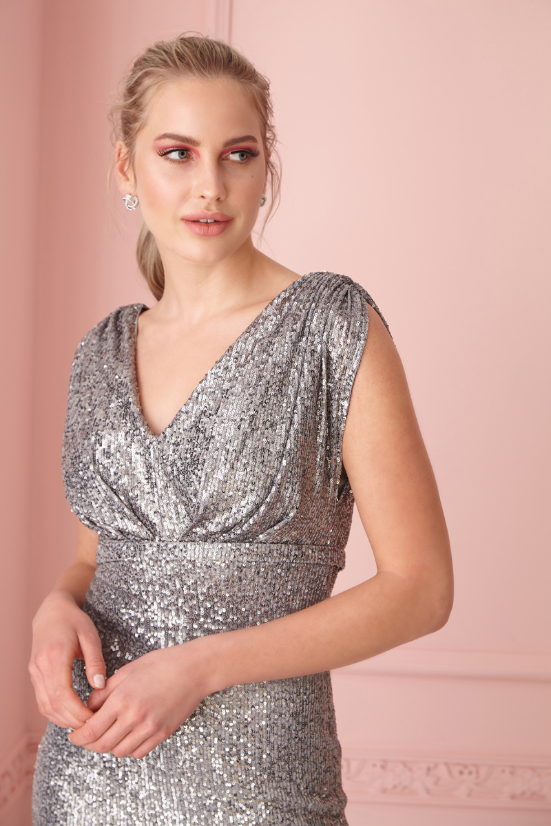 Silver Sequined Sleeveless Maxi Dress