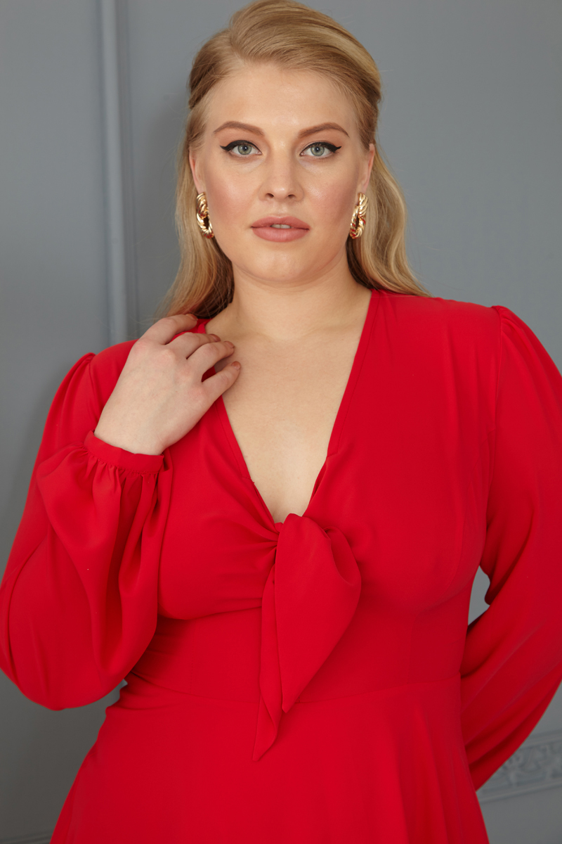 Red Plus Size Crepe Long Sleeve Mini Dress