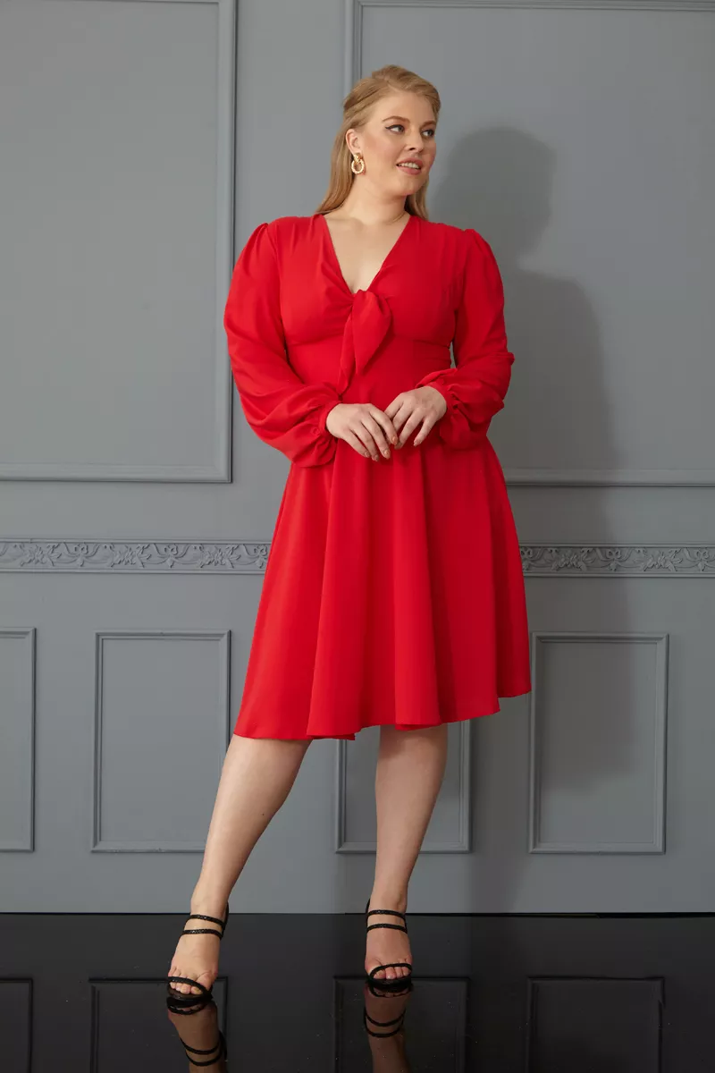 Red Plus Size Crepe Long Sleeve Mini Dress