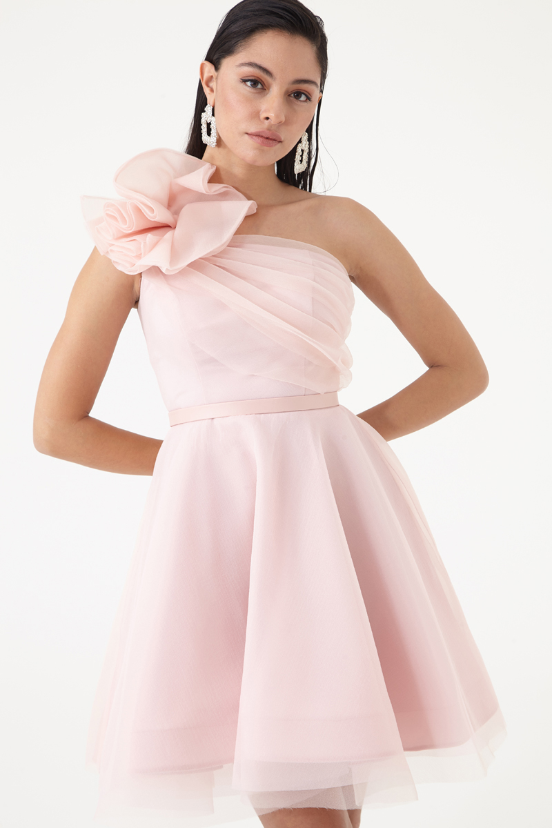 Blush Tulle One Arm Mini Dress