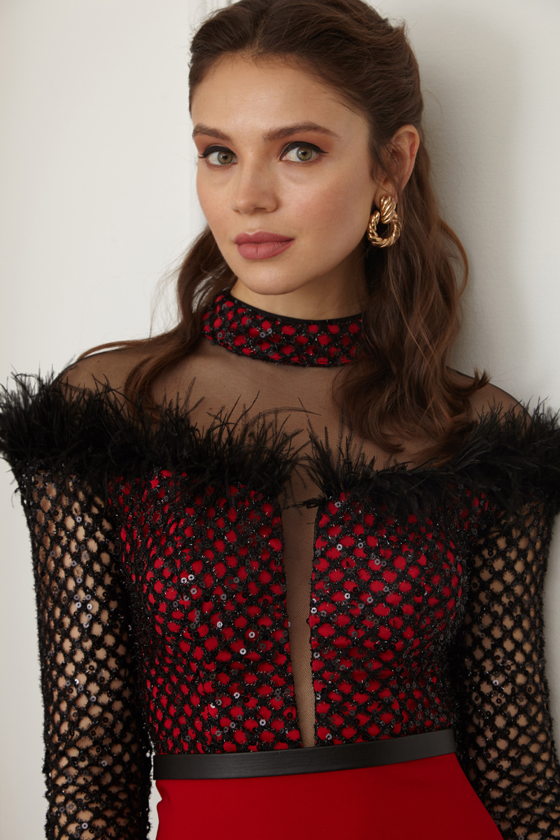 Red Crepe Long Sleeve Mini Dress