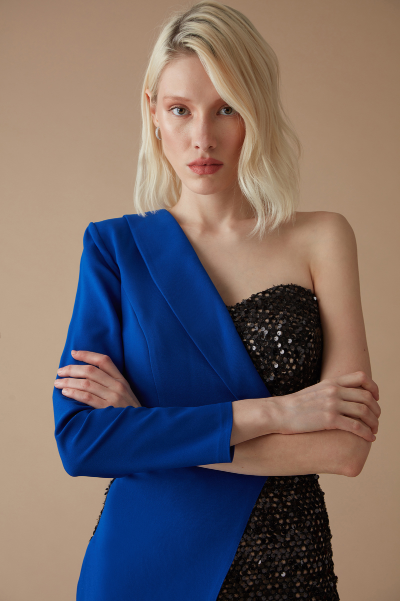 Saxon Blue Crepe Mini Dress