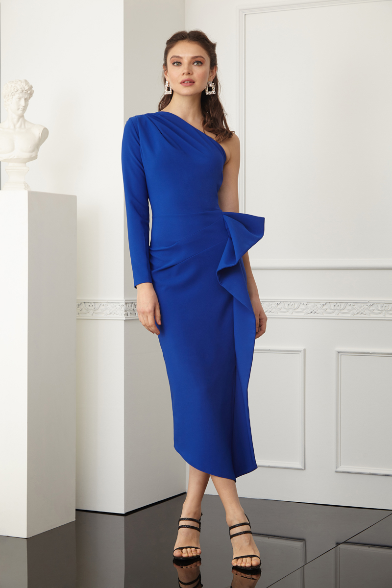 Sax Crepe One Arm Midi Dress
